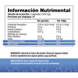 Colina E Inositol 1200mg Por Porción (2 al Día) - 180 Cápsulas - 600mg De Colina Y 600mg De Inositol - S&V - 90 Días De Suministro - Sin OMG, Sin Gluten