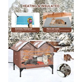 Large Heated Cat House for Outside in Winter, Elevated Insulated Heated Outdoor Cat House Weatherproof with Heating Pad, Waterproof Outdoor Cat Shelter for Multiple Cats Small Dogs (Brown)