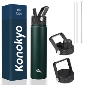 Konokyo Insulated Water Bottle with Straw,24 oz 3 Lids Metal Bottles Stainless Steel Water Flask,Army Green