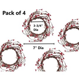 Artificial Red and Cream Pip Berry Candle Rings – Pack of 4 Christmas Rustic Berry Farmhouse Home Decor for Centerpiece Decorations and Small Wreaths (Size: 7" diam)