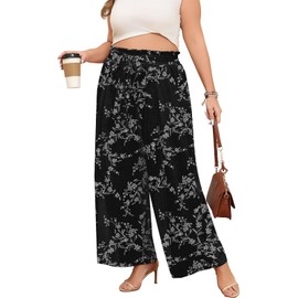 Lastshe Plus Size Boho Pants for Women Wide Leg Casual Palazzo Pants High Waisted Floral Print Dressy Baggy Trousers, Black Flower, 3X