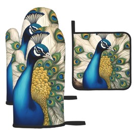 YYHWHJDE Kitchen Baking Set of 3 - Oven Mitts and Pot Holders for Anti-Scalding Heat Insulation peacockBeautiful peacock in full bloom Printing