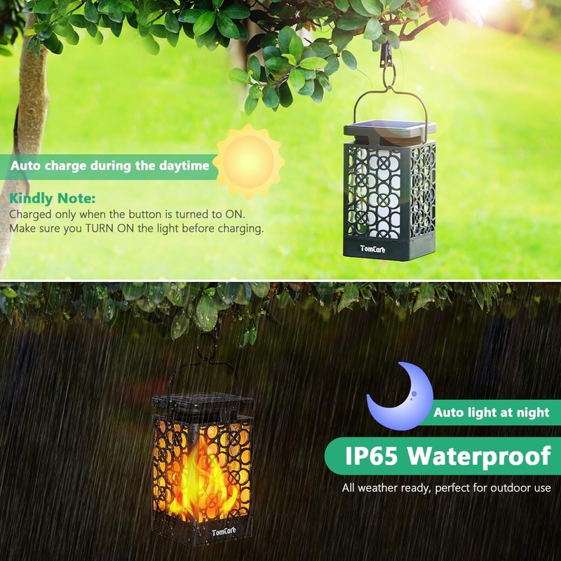 TomCare Solar Lanterns Outdoor Upgraded Flickering Flame Waterproof Hanging Lanterns