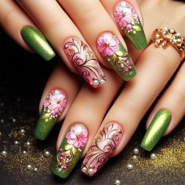 Summer Flower Press on Nails 3D Fruit Cherry Gel Glue on Fingernails 24Pcs Glossy Green Glitter Stick on Nail Leaves Medium Coffin Fake Nails Acrylic Full Cover False Nail for Holiday Manicure Art