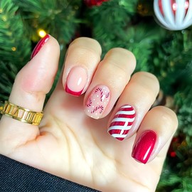 Christmas Red Press on Nails with French Tips Designs Short Square Fake Nails Christmas Candy Cane Stripes False Nails Glossy Full Cover Acrylic Nails Red Curve Line Nails for Women Girls 24Pcs