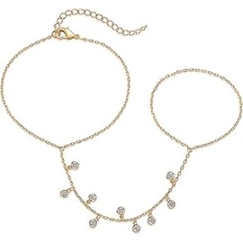 Yellow Gold Plated Hand Chains Bracelet for Women | Dainty Cubic Zirconia Bracelet and Ring Chain Body Jewelry (Golden, One size)