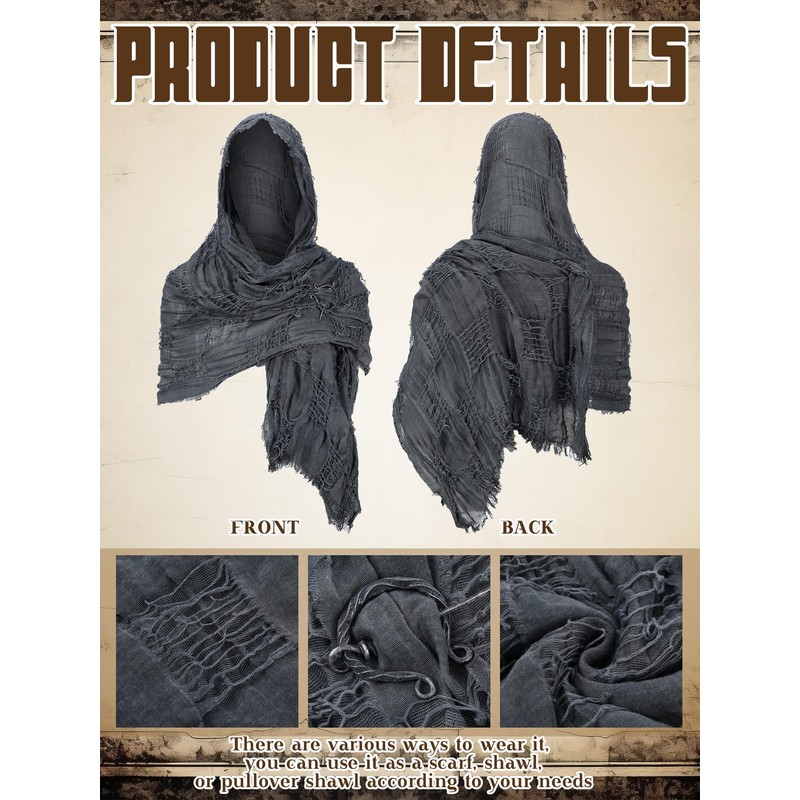 Fourluoo 2 Pcs Wrap Sand Wasteland Hooded Shawl with Viking