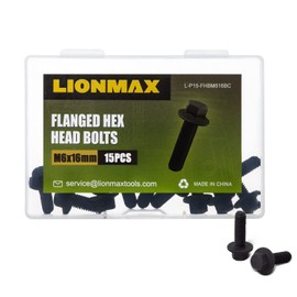 Flange Hexagon Screws M6 x 16mm, LIONMAX Flanged Hex Head Bolts Grade 10.9, Black Oxide Finish, Carbon Steel, Quantity 15