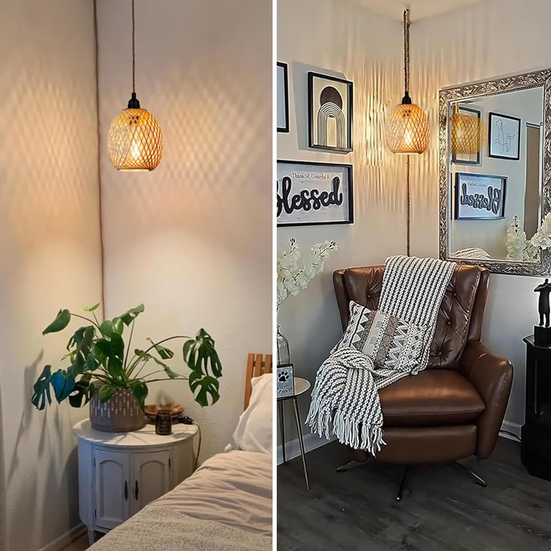 Hanging Lampshade with Plug, Outdoor Lamp, Hanging Boho Rattan Ceiling
