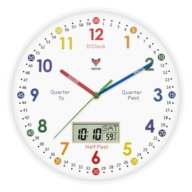 Foxtop Digital and Analog Learning Clock for Kids - Telling Time Teaching Clock 12 Inch Silent Non-Ticking Battery Operated Kids Wall Clock for Kids Room Playroom Nursery Classroom School (White)