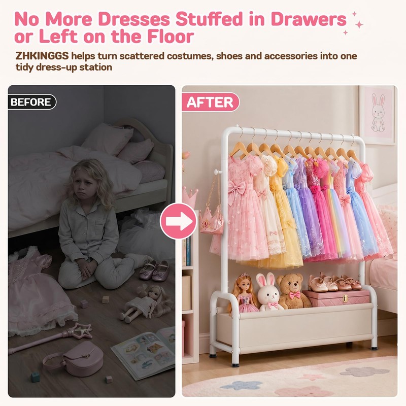 Kids Clothing Rack with Storage Basket Sturdy U-Shaped Dress Up
