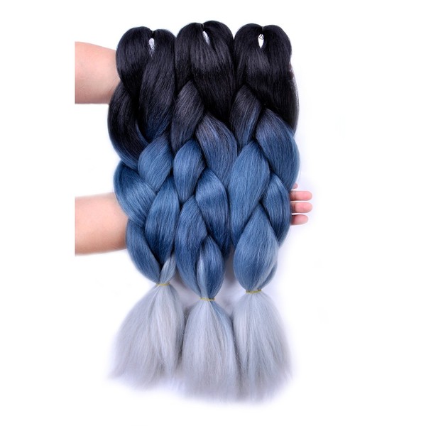 Jumbo Braiding Hair 3pcs (Black/Grey Blue/Silver Grey) Jumbo Braid Hair Extension Ombre Colors For Crochet Braids Hair