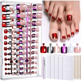 FANDAMEI Press on Toenails, 6 Colors Press On Toe Nails Short Square, French Tips Cat Eye Toe Press Ons for Women & Girls, Glossy Toe Fake Nails for Nail Art
