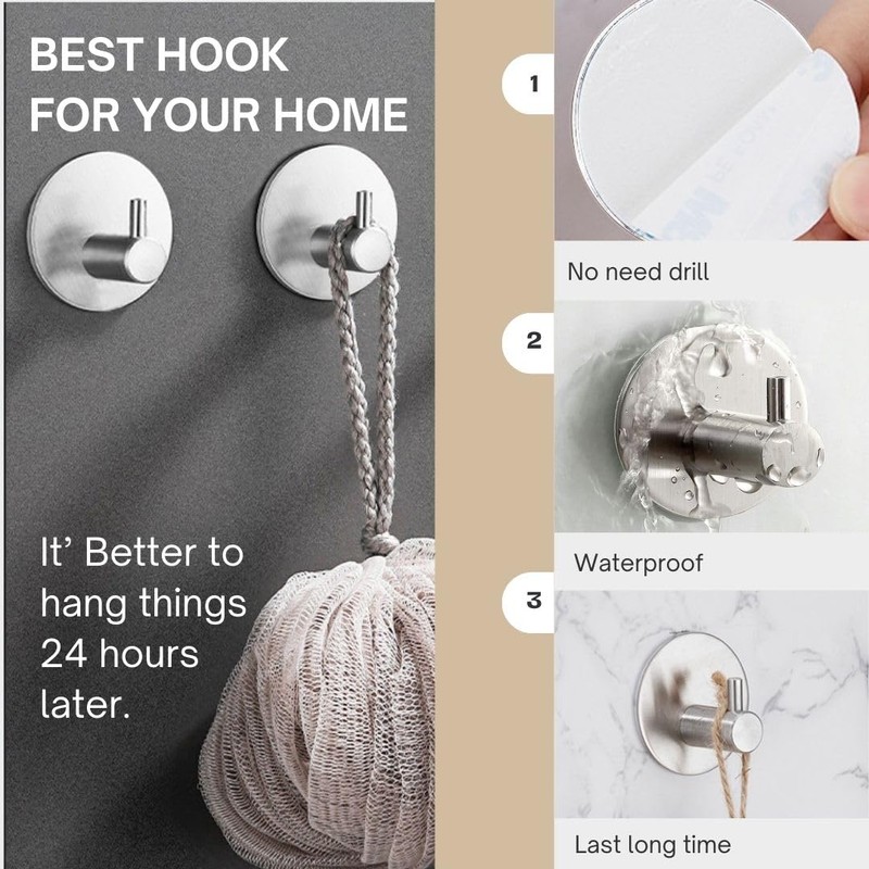 Miliocry 6 Packs Bathroom Towel Hooks, Adhesive Hooks Heavy Duty