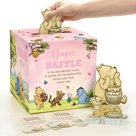 51Pcs Classic Winnie Bear Baby Shower Decorations Diaper Raffle Box with Tickets, Neutral Vintage Bear Baby Shower Games Winnie Gender Reveal Decorations (Pink)