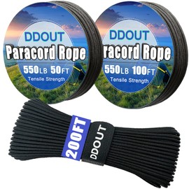 DDOUT 550 Paracord Rope 50ft, 4mm Thin Tactical Parachute Cord for Climbing, Camping, Tent, Clothsline, Survival Utility Rope, Black