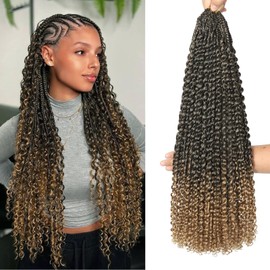 Goddess Box Braids Crochet Hair 8 Packs with Curly Ends Pre Looped Boho Water Wave Crochet Hair Deep Wavy Ends Gogo Curl Crochet Hair with Jerry Curly Extensions for Black Women (T27#, 24inch)