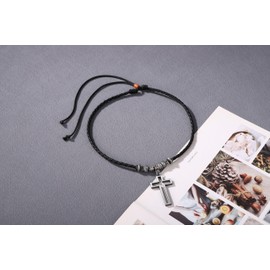 Jovivi Cross Chain Men's Necklace with Stainless Steel Cross Pendant Cross Chain Religious Prayer Cross Pendant Black 3 mm Adjustable Leather Chain Amulet Jewellery Spiritual Gift for Men Women