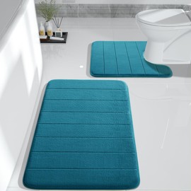 Yimobra Memory Foam Bath Mat Set, 2 Piece Soft Bathroom Rugs,17x24 and 24x20.4 U-Shaped Bathroom Rugs, Toilet Mat, Water Absorption, Non Slip, Thick, Dry Fast for Bathroom Floor Mats, Peacock Blue