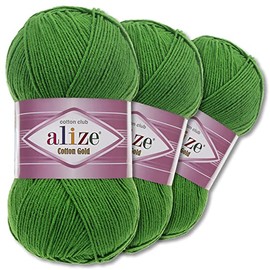 Wohnkult Alize 3 x 100 g Cotton Gold Premium Wool 59 Colours Summer Wool Yarn Knitting Amigurumi All Season Wool (126 | Grass Green)