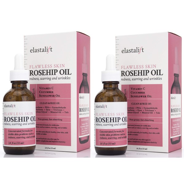 Elastalift Rosehip Oil for face with Vitamin C and Cucumber. Pure Rosehip face oil helps with Wrinkles, Scarring, and Redness for a brighter skin complexion. 1.8 Fl Oz (Pack of 2)