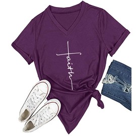DANVOUY Women's Summer Casual Letters Printed T-Shirt Short Sleeves Graphic V-Neck Tops Purple Medium