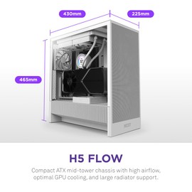 NZXT H5 Flow 2024 - Compact ATX Mid-Tower PC Gaming Case - High Airflow - 2 x 120mm Fans Included - 360mm Front & 240mm Top Radiator Support - Cable Management System - Tempered Glass - White