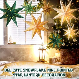Cinnvoice 12 Pcs Christmas Paper Star Lantern 8 Points Sage Green Hanging Ornament 3D Neutral Star Lantern with String Light 12 and 17.72 Inch Hollow Lampshade for Xmas Wedding Birthday Party Decor