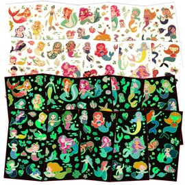 DiULi Tattoos for Kids Mermaid - Glow in Dark Waterproof 10 Sheets - Girls Pool Party Favors, Birthday Party Bag Filler & Underwater Fantasy Kids Birthday Party Supplies