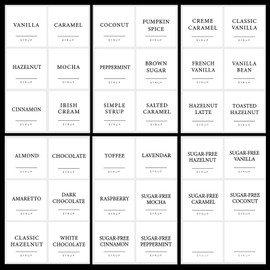 GSCWLD 36PCS Coffee Syrup Labels,Minimalist Preprinted Coffee Syrup Stickers for Coffee Station,Waterproof White Coffee Bar Labels for Syrup Bottle & Dispenser Organization(2.5"x2.5")