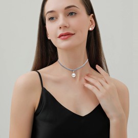 CPSLOVE Women's girl's Pearl Necklace, Women's girl's Earrings, 925 sterling silver pearl jewelry set, Black velvet rope pearl choker necklace, pearl earrings studs, White