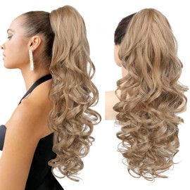 REECHO Ponytail Extension, 24" Claw Clip in Long Curly Wavy Ponytail Hair Extension Jaw Clip on Pony Tails Hairpiece for Women - Dark Blonde