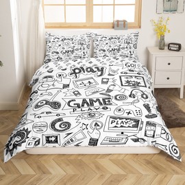 Gamer Comforter Cover Set, Boys’ Gaming Duvet Cover, Video Games, Games Room Decor, Soft, Reversible Hip Hop Graffiti Bedding Sets for Children, Gamepad, Cartoon Racing Car, 135 x 200 cm