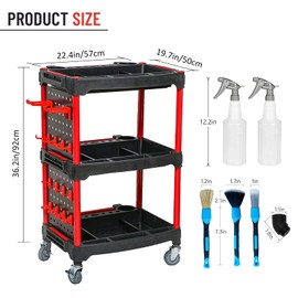 3-Tier Car Detailing Cart – Heavy-Duty Auto Detailing Tool Cart with 2 Tool Boards, 16 Hooks & Lockable Wheels, 440 lbs Capacity (Red & Black)