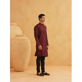 Sojanya (Since 1958 Men'S Maroon Jackquard Silk Only Long Kurta, Size 44
