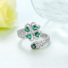 St Patricks Day Shamrock Ring 925 Sterling Silver Celtic Knot Ring Four Leaf Clover Rings for Women Clover Jewelry Gifts for Women, Sterling Silver, Cubic Zirconia
