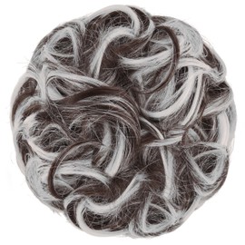 FESHFEN Messy Bun Hair Piece - Large Wavy Curly Elastic Hair Bun Scrunchies Ponytail Extensions Synthetic Chignon Hairpieces for Women, Brown Gray Mix 1.94oz