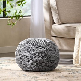 Strawberry Fairy Cozy Modern Knit Pouf for Relaxation and Comfort, Soft Cotton Design, Contemporary Spaces, Grey