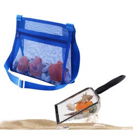 MUYIZI Beach Mesh Shovel with Mesh Shell Bags, Kids Filter Sand Scooper for Picking Up Shells,Shark Tooth Sifter Dipper for Boys and Girls,Beach Toys Accessories (Sapphire Blue)