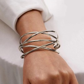 Cuff Bracelet for Women,Multi-layer Cross Wire Bangle Bracelet Adjustable Open Wide Cuff Bracelet Jewelry (A:silver)