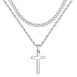 Fiusem Cross Necklace for Men, Silver Tone Mens Cross Necklaces Layered Stainless Steel Pendant Small, Cuban Link Rope Chain 16in/18in