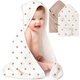 Konssy 2 Pack Muslin Hooded Baby Towels for Newborn Soft 100% Cotton Baby Bath Towel with Hood for Baby, Infant Ultra Absorbent, Baby Stuff Baby Bath Shower Gifts (Camel, Sun,30" x 30")