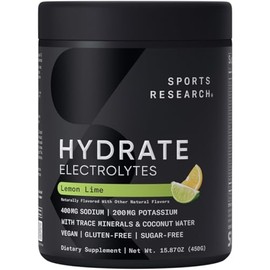 Sports Research® Hydrate Electrolytes Powder - Sugar-Free & Naturally Flavored with Vitamins, Minerals, and Coconut Water - Supports Hydration - Lemon Lime - 90 Servings