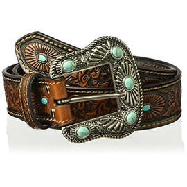 Nocona Belt Co. Women's Scroll Embossed Painted Turquoise Oval Belt, Brown, Small