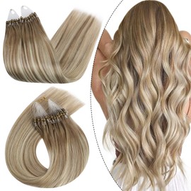 Ugeat Micro Link Hair Extensions Human Hair Light Brown with Platinum Blonde Balayage Micro Loop Hair Extensions Real Human Hair 24inch 50G 50S
