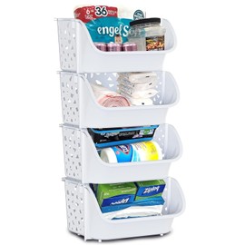 Skywin Plastic Stackable Storage Bins for Pantry White - 4-Pack Stackable Bins For Organizing Food, Kitchen, and Bathroom Essentials (Triangles)