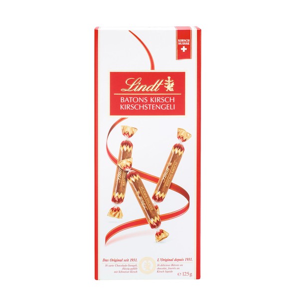 Lindt Chocolate Batons Cherry Stem Geli | 125 g | 16 Milk Chocolate Sticks Filled with Liquid Swiss Cherry Liqueur | Chocolate Gift with Alcohol | Chocolate Gift