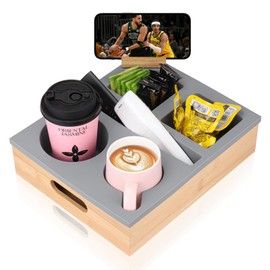 ByNaRIX Couch Cup Holder Tray, Couch Caddy with Rotatable Phone Holder, Wooden Sofa Cup Holder with Carrying Handle for Bed Car Beach Organizer, Anti-Spill for Snacks Beverage Remote