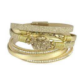 P Ammy Fashion® Women's Fashion Multi-layer Leather String Wrap Bracelet Quartz Crystal Cuff Boho Bracelets with Magnetic Clasp (Golden)