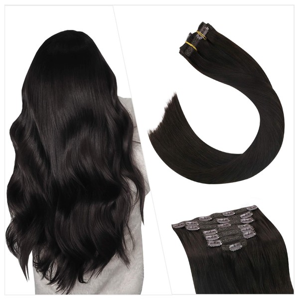 Ugeat Hair Extensions Clip in Human Hair 16 Inch Real Hair Extensions Clip in Human Hair 100g 7PCS Clip in Hair Extensions Darkest Brown #2 Skin Weft Clip in Hair Extensions